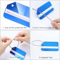 1. Tear off the protective film 2. Tuck it into your luggage tag 3. Turn it tight 4. Luggage tags